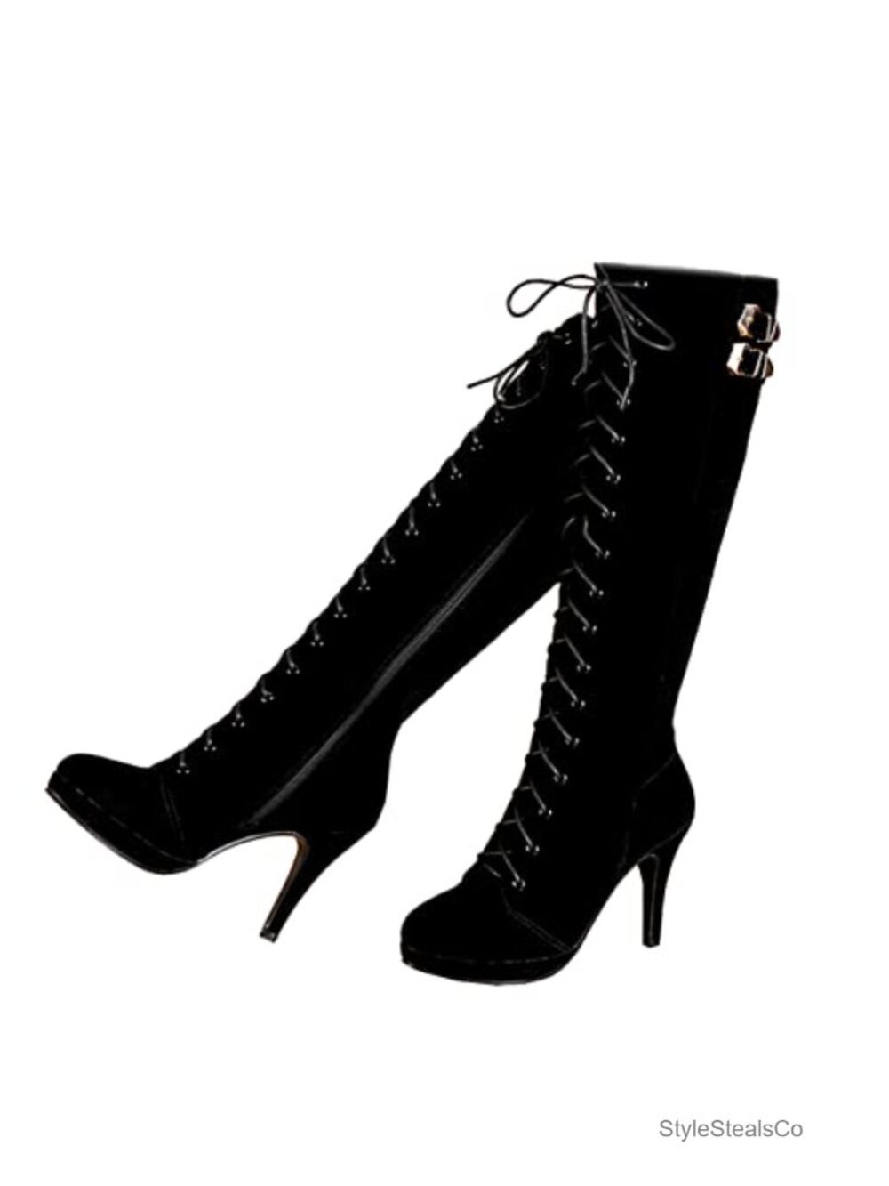 Suede Knee High Heel Boots Lace Up Buckle Zipped Pointed Toe